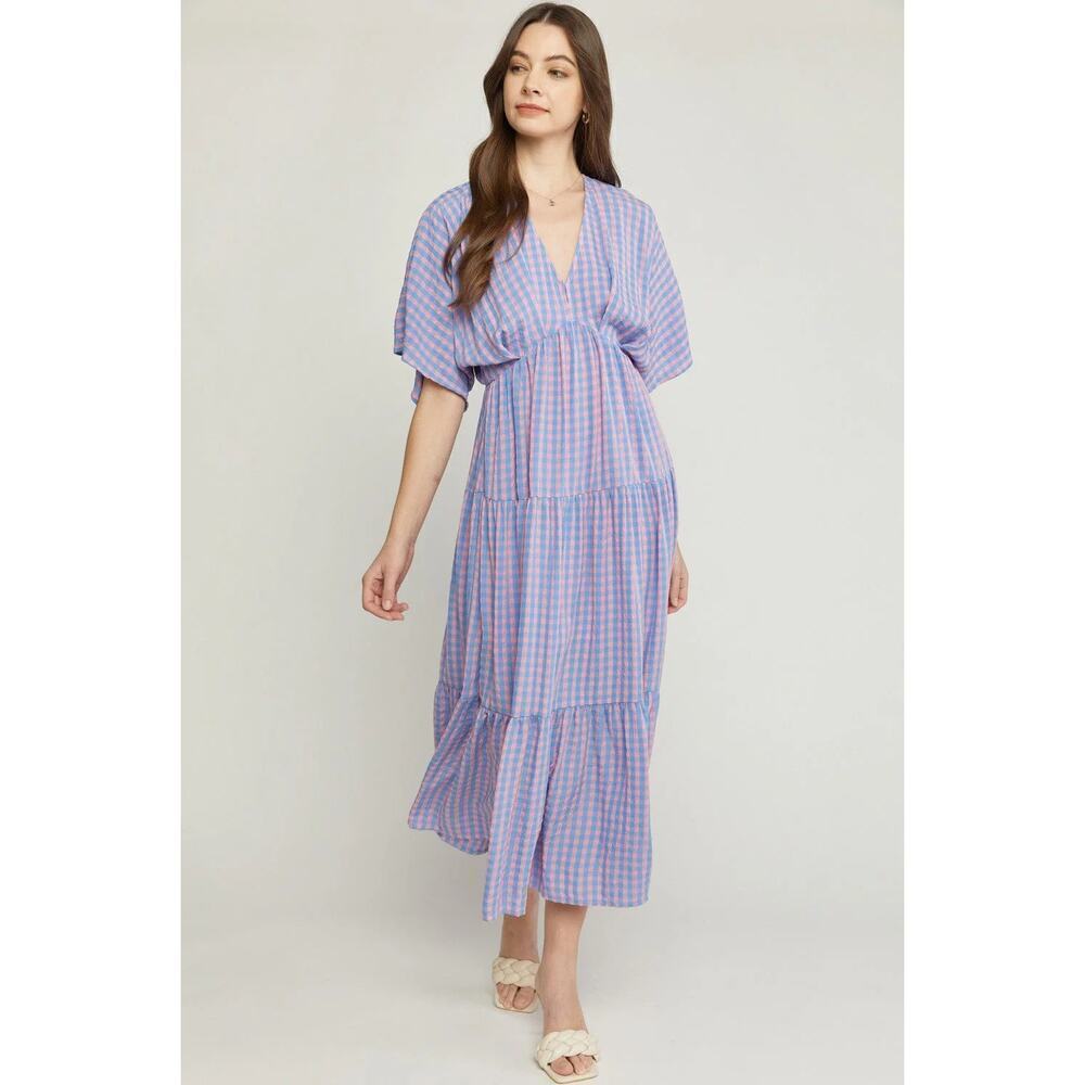 Entro Gingham Tiered Maxi Dress Medium Pink Blue Cottagecore Resort Picnic Beach